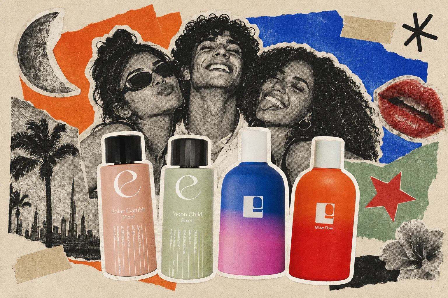 Magazine collage: three friends laughing behind the Solar Gambit, Moon Child, Coco Loco and Glow Flow bottles